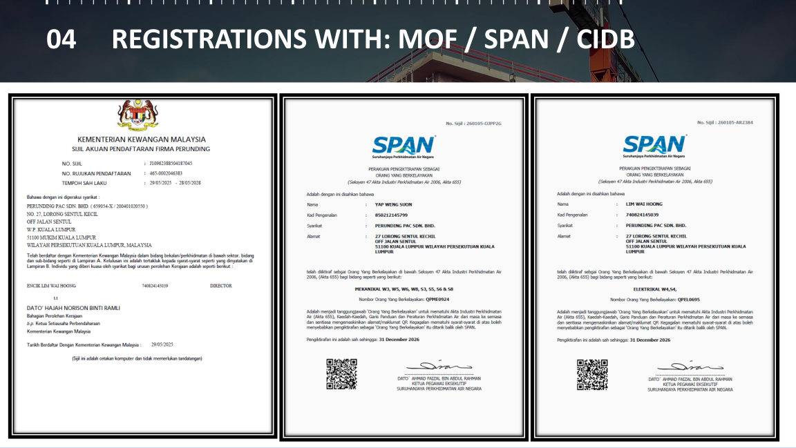 MOF, SPAN and CIDB registrations